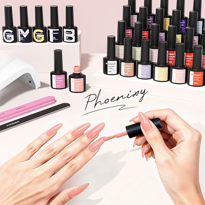 Phoenixy 71 Pcs Gel Nail Kit, 55 Colors Gel Nail Polish Kit with U V Light 5 Pcs Base and Top Coat Beginners Manicure Tools DIY Manicure Set Women's Valentine Gift Idea