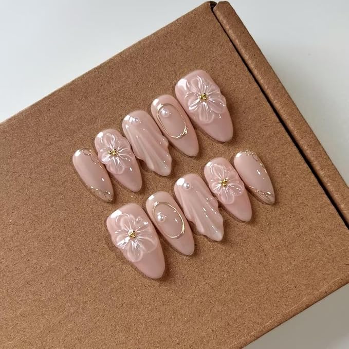 10 Pcs Medium Length Handamde Almond Press On Nails Reusable ABS Acrylic False Nails Set for Women (Size L)
