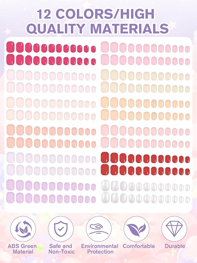 EBANKU 12 Pack Kid Fake Nail, 288 Pieces Kids Short Glossy Press on Nails Short Full Cover Fake Nails for Girls with Nail Glue