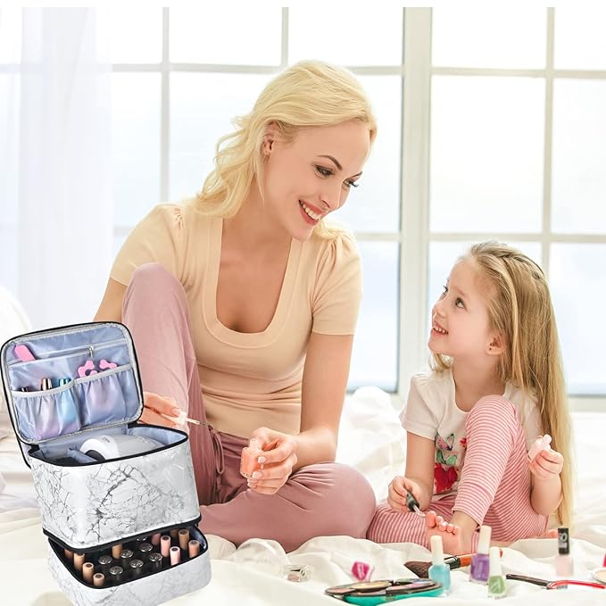 Nail Polish Organizer - Holds 30 Bottles & Nail Lamp, Double-Layer Nail Organizers and Storage, Nail Polish Bag with Handle Nail Travel Case for Nail Tech (White)