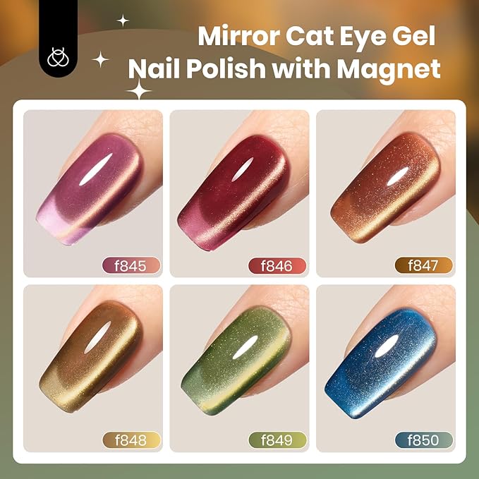beetles Gel Polish Golden Mirage Cat Eye Gel Nail Polish Set - 6 Colors Glitter Gel Nail Polish Kit Pink Red Green Blue Brown Magnetic Shine Soak Off UV Salon DIY Manicure Gift for Women