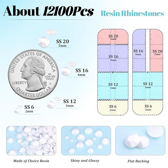 12100Pcs Resin Rhinestones for Crafting with 3Pcs 10ml B7000 Jewelry Glue, 2 Boxes Flatback Crystals Diomand (White) for Bedazzling Crafts DIY Nail Art Makeup，Non Hotfix Gems for Clothing Shoes