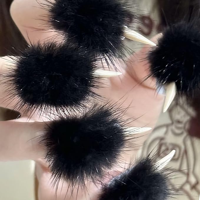 Halloween Press on Nails Luxury Medium Stiletto Handmade Eagle Claw Unique Reusable ABS Material Curved Fake Nails Dragon Cat Claw False Nails with Black Fur Glossy Glue on Nail Thick Acrylic Nail(M)