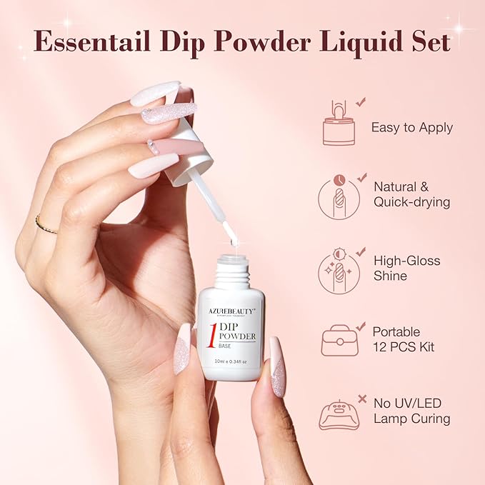 AZUREBEAUTY Dip Powder Nail Kit Starter, All Season Nude Skin Glitter 4 Colors Dipping Powder Liquid Set Recycling Tray with Base & Top Coat Activator for French Nail Art Manicure Salon DIY at Home.