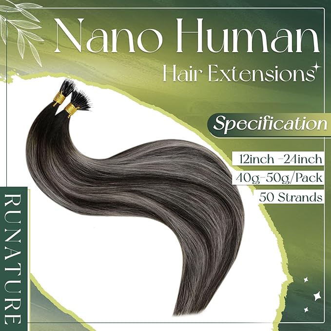 RUNATURE Nano Hair Extensions Human Hair Black Ombre Silver, 14 Inch 50G 50S, Remy Soft Straight Nano Ring Hair Extensions for Women, Cold Fusion, Can Be Styled with Heat, Add Hair Volume