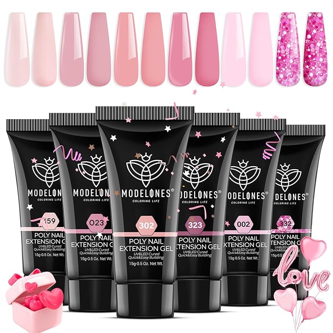 Modelones Poly Nail Gel Set, 6 Colors Pink Confetti Collection Nude Pink Glitter Colors Poly Extension Gel Enhancement Builder Pastel Summer Manicure DIY Home Salon
