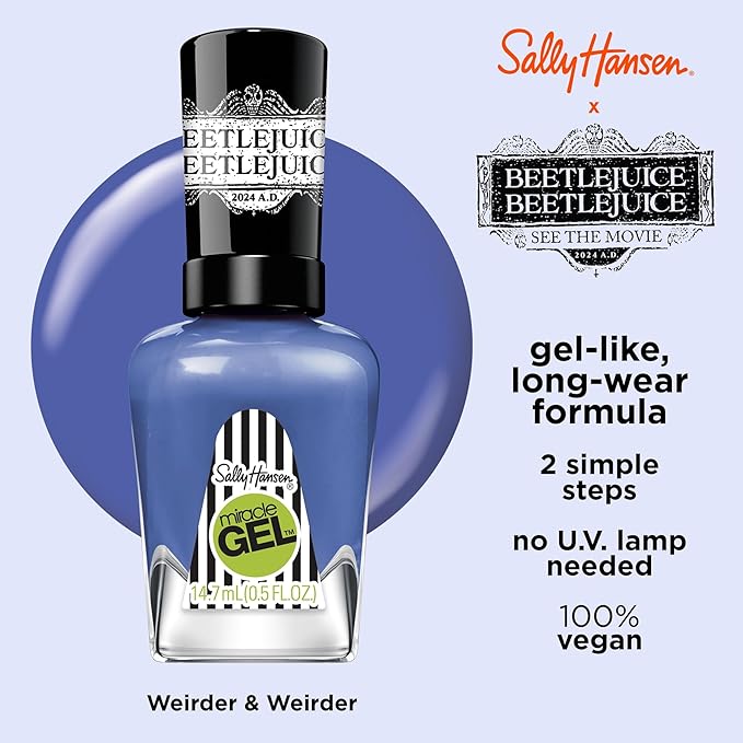 Sally Hansen Miracle Gel Beetlejuice Salon Quality Nail Polish | Gel-Like Formula, Two-Step System, No UV Light Needed, Long Lasting | Opaque, Glossy | 933 Weirder & Weirder | Violet Blue Nail Polish
