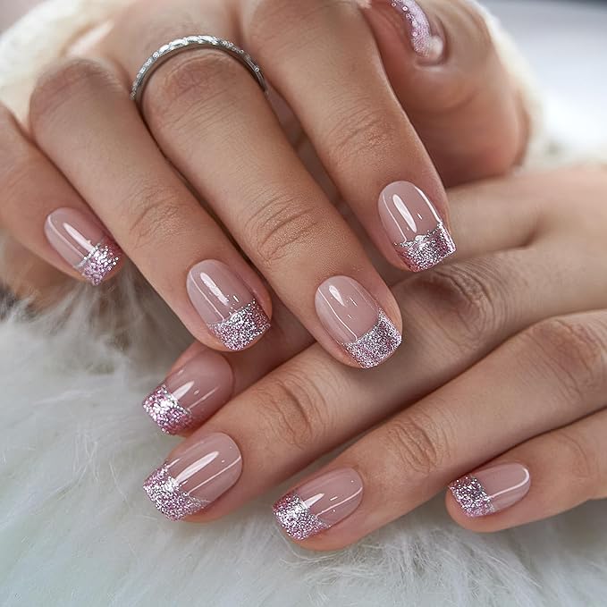 CurvLife Press On Nails Short Square – 30Pcs Nude Pink French Tip Fake Nails, Soft Gel Glitter Press On Nails with Silver & Pink Tips, Glossy Glue On Nails Stick On Nail Tips for Women & Girls