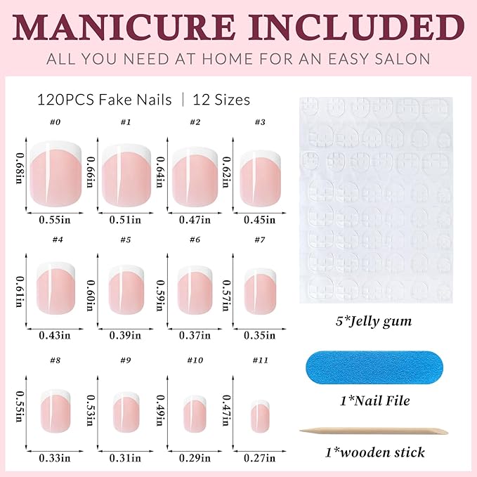 120PC White French Tip Press on Nails Short Fake Nails Press ons with 5*Adhesive Tabs, Pink Square Acrylic Nail Press on Nail French Tip Nails False Artificial Fingernails Stick on Nails-M
