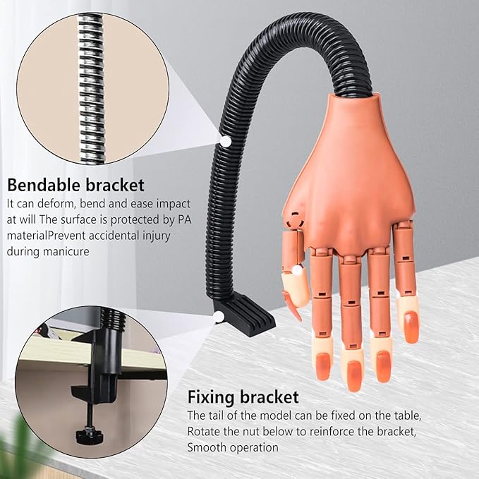 Practice Hand for Acrylic Nails, Flexible Nail Training Maniquin Fake Hand, Moveable Practice Nail wth 200 Pcs Replaceable Nails for Acrylic Nail Manicure DIY