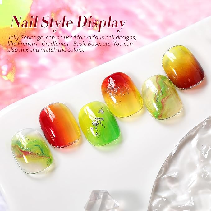 Born Pretty Jelly Gel Nail Polish Spring Summer Neon Gel Polish,Brown Blood Wine Red Blue Purple Green Translucent Effect,Soak Off U v LED Light Cure Nail Art Kit for Salon Manicure and DIY at Home