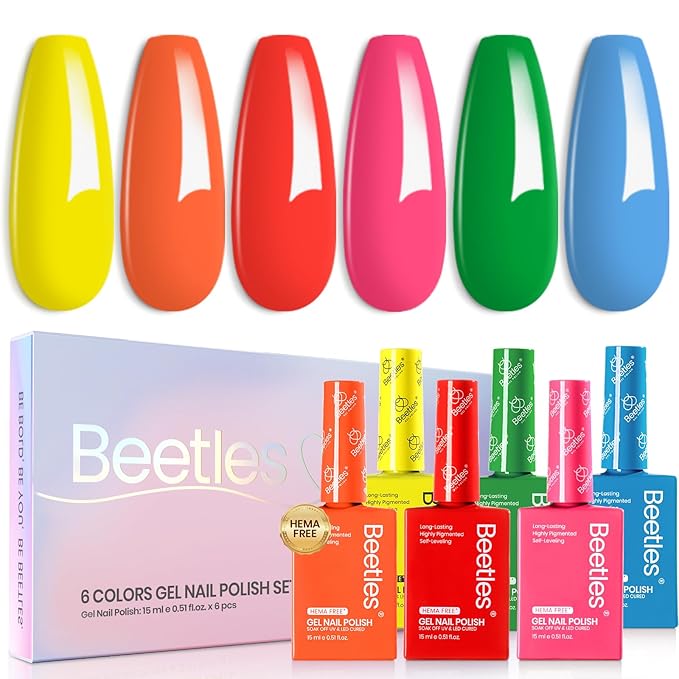 Beetles Gel Nail Polish Set, 6 Colors Hema-Free Neon Rainbow Hot Pink Red Yellow Orange Polish Kit 15ML Full Size Soak off Uv Led Lamp Nail Art Salon Colorful Bottle Manicure