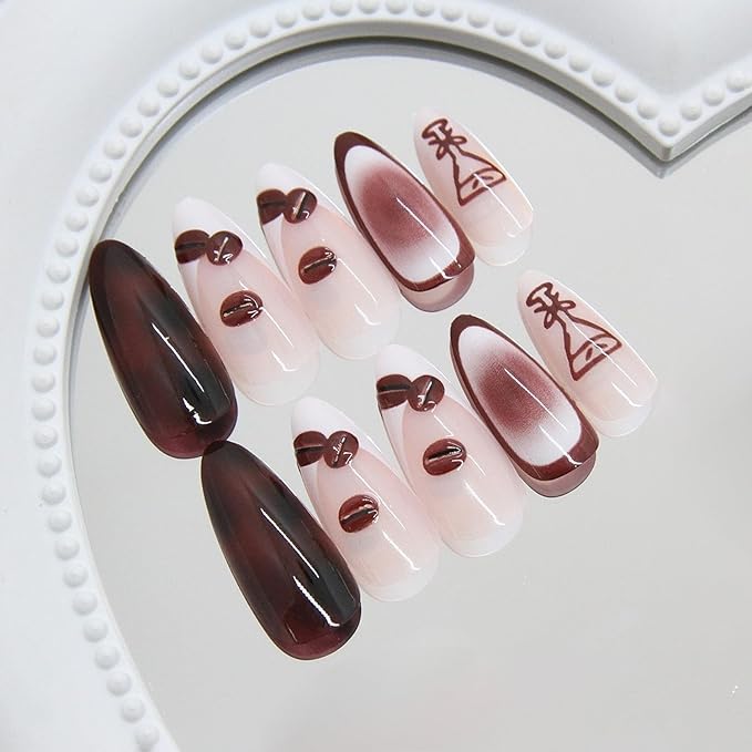 Press on Nails Medium Almond 24Pcs Brown French Tip False Nails with Coffee Beans Goblet Designs Full Cover Glossy Glue on Nails Stick on Nails for Women Girls