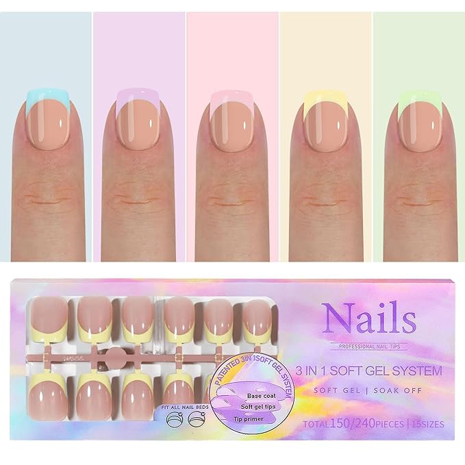 150Pcs French Tip Press On Nails Long Square Soft Gel Nails in 5 Color Charm Design, 3-in-1 Seamless Design with High Elasticity,DIY Soak Off Fake Nails for (Multicolor 08)