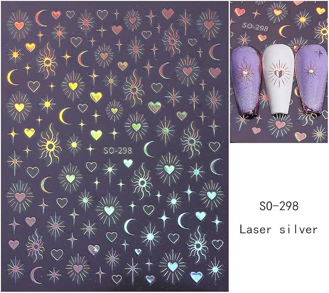 Gold Nail Stickers 5D Embossed Black White Star Nail Decals 3D Self Adhesive Moon Sun Nail Art Stickers Hearts Nails Designs Celestial Nails Supplies for Women DIY Manicure 6 Sheets