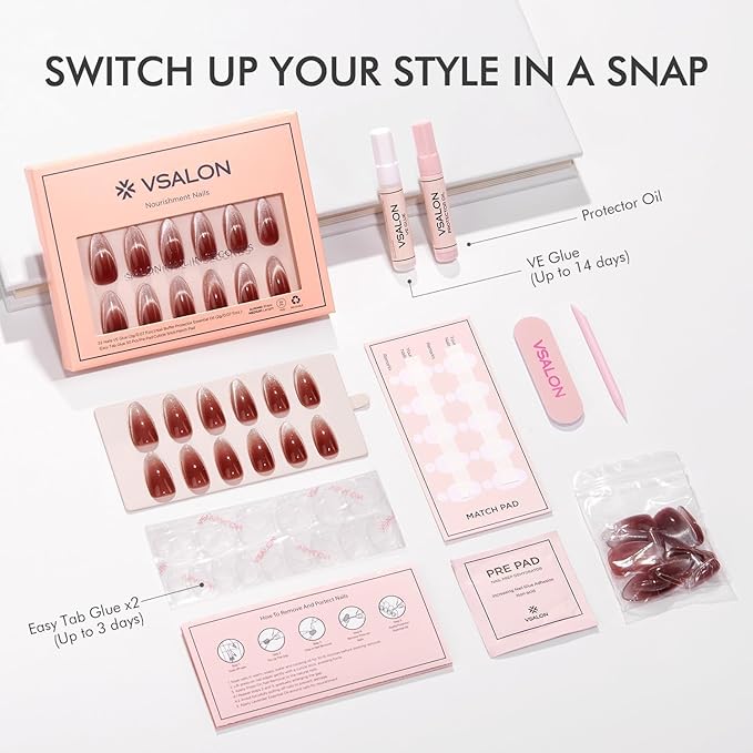 VSALON Press on Nails Medium Almond - Red Maroon Ombre French Tip Cat Eye Glossy Glitter Nails Kit for Woman, Reusable Semi-Transparent Gel Glue on Nails with Glue & Cuticle Oil - 32 PCS in 16 Sizes