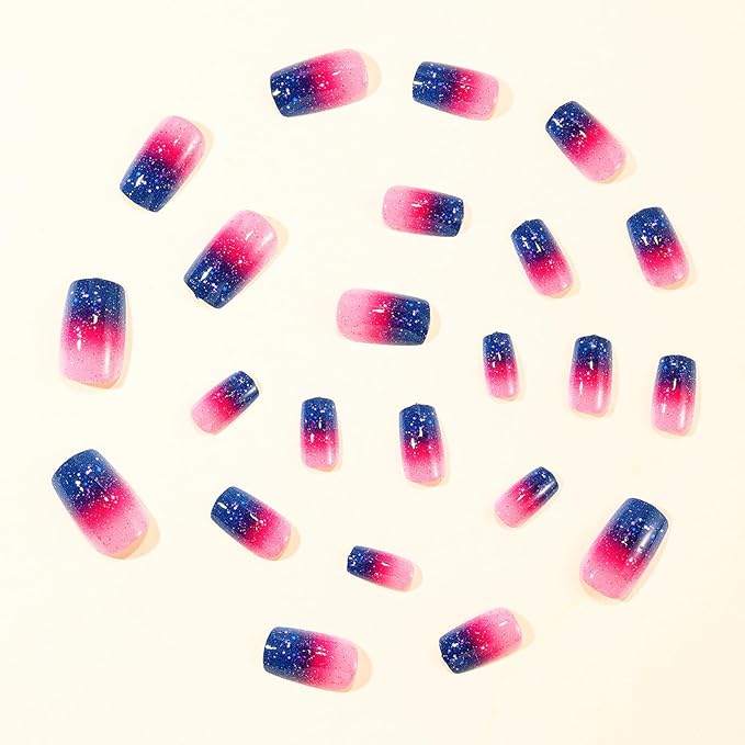 Square Press on Nails Short Fake Nails with Designs Starry Sky Stick on Nail Pink Gradient Acrylic False Nail Glitter Artificial Nail Full Cover Glue on Nails for Women