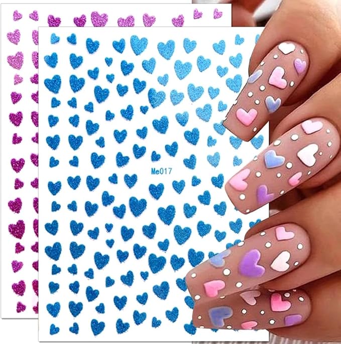 Heart Nail Art Stickers Decals 3D Shiny Glitter Love Hearts Self Adhesive Shining Glitters Powder Effect Valentine's Day Heart Nail Design for Lovers Romantic DIY Nail Decorations Manicure Accessories