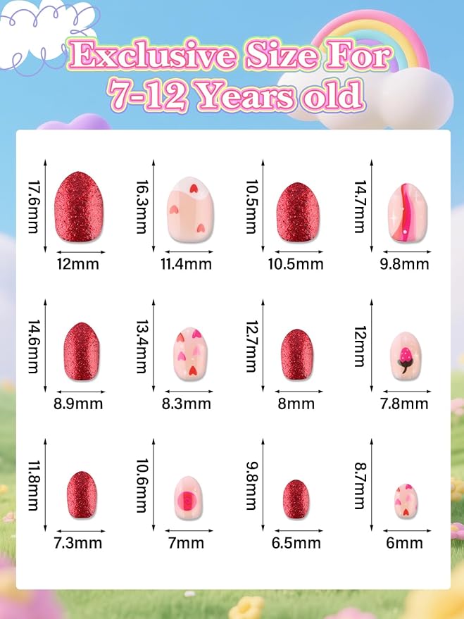 EBANKU 24 Pieces Kid Fake Nail Kit, Almond Press on Nails for Kids Lovely Heart Press on Nail Short Artificial False Nail Kits for Kids Girls