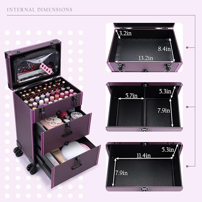 FRENESSA Rolling Nail Case Wheeled Manicure Storage Case Polish Organizer Professional Makeup Trolley for Studio or Travelling Nail Technician Artists Cosmetologist Stylist - Vegan Leather