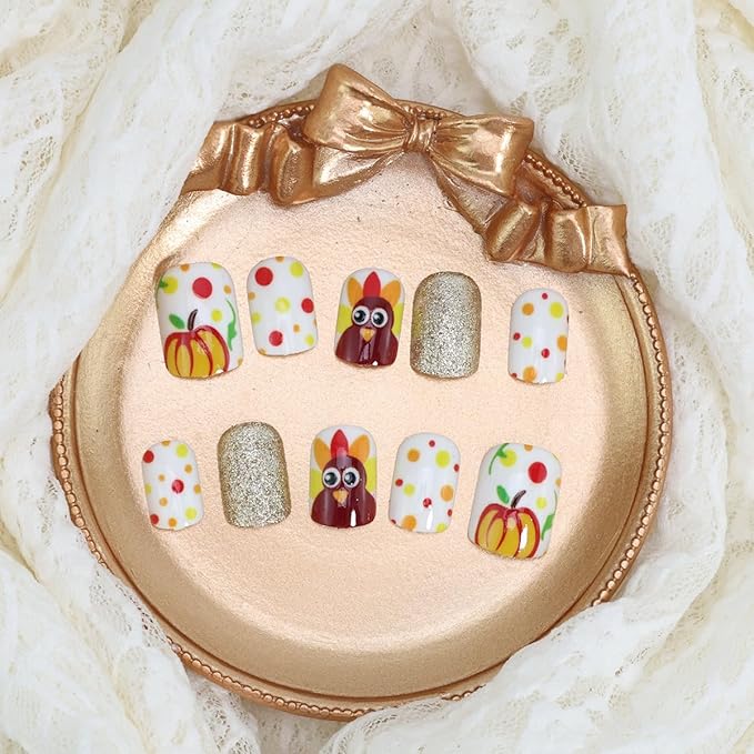 24Pcs Thanksgiving Press on Nails Short Square Turkey Fake Nails with Gold Glitter Design White False Nails Full Cover Artificial Glue on Nails Fall Stick on Nail for Acrylic Autumn Manicure Salon