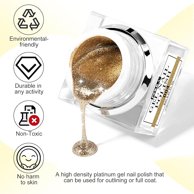NXJ INFILILA Gold Glitter Gel Nail Polish, Reflective Shimmer Gold Gel Liner for Nail Art, Holographic Sparkle Long-lasting Color Soak Off UV Lamp Cured Gels for Art Manicure Salon DIY at Home B04