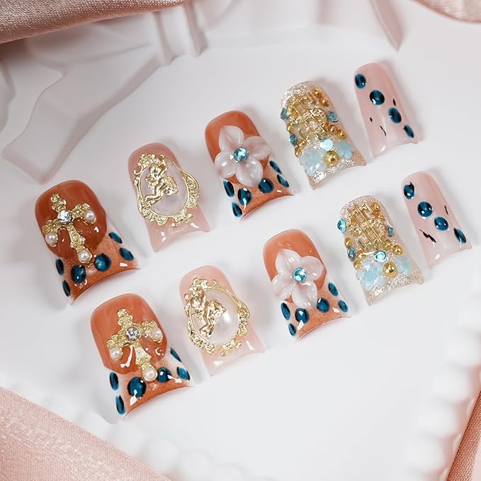 Handmade Press on Nails Short Duck, Luxury 3D Charms - Vintage Baroque Angel & Cross Design, Reusable Thick Acrylic for Nail Art (Angel's Realm, M)