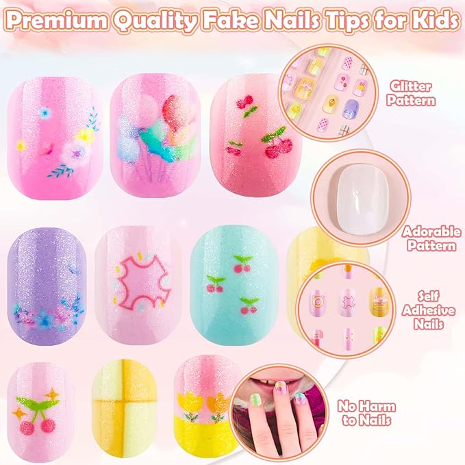 144 Pcs Kids Press on Nails - Short Acrylic Fake Nails with Cute Designs for Girls Age 8-12, Easy Stick On Nail Art Kit (A)