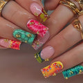 Square Press on Nails Medium Fake Nails Red Artificial Nail Multicolor Tortoise Shell and Gold Charm Designs Cute Stick on Nail for Women 24pcs