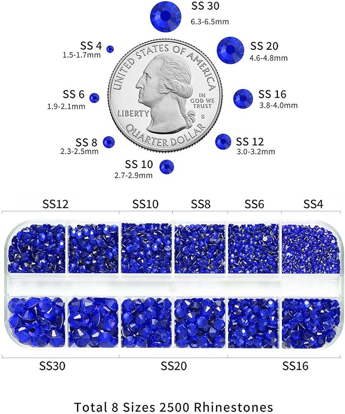 Beadsland Rhinestones for Makeup,8 Sizes 2500pcs Blue Flatback Rhinestones Face Gems for Nails Crafts with Tweezers and Wax Pencil,Sapphire,SS4-SS30