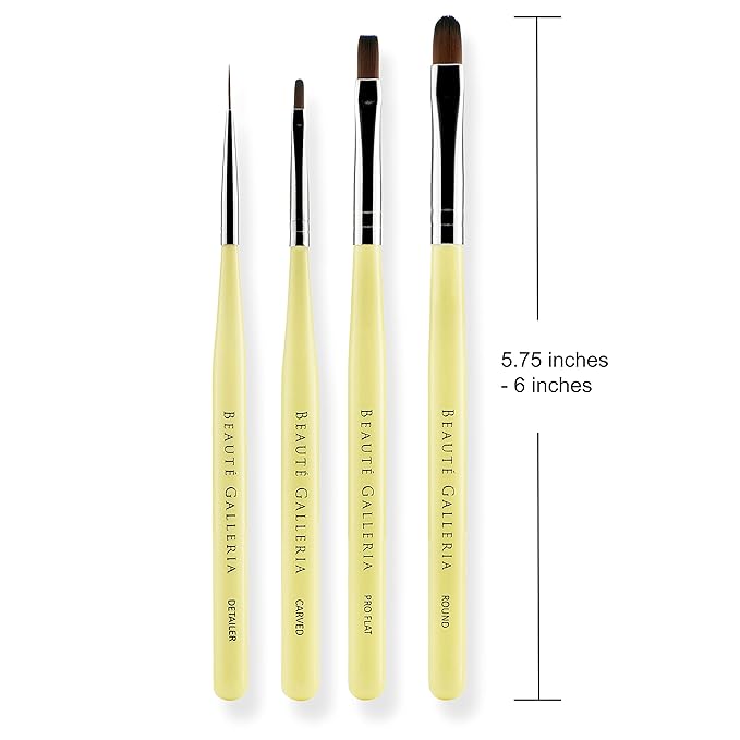 Beaute Galleria 4-Piece UV Gel Nail Art Brush Set - Pro Flat, Carved, Detailer, Round for Fine Line, Detailer, Outline, Striping, Polygel Nails, Gel Sculpting, Nail Tips