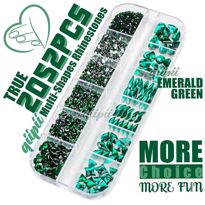 Green Nail Rhinestones Multi Shapes Emerald Green Rhinestones for Nails Flatback Nail Big Gems K9 Glass Round Beads Stones Diamonds Nail Charms Art for Nails Faces Eyes Crafts DIY