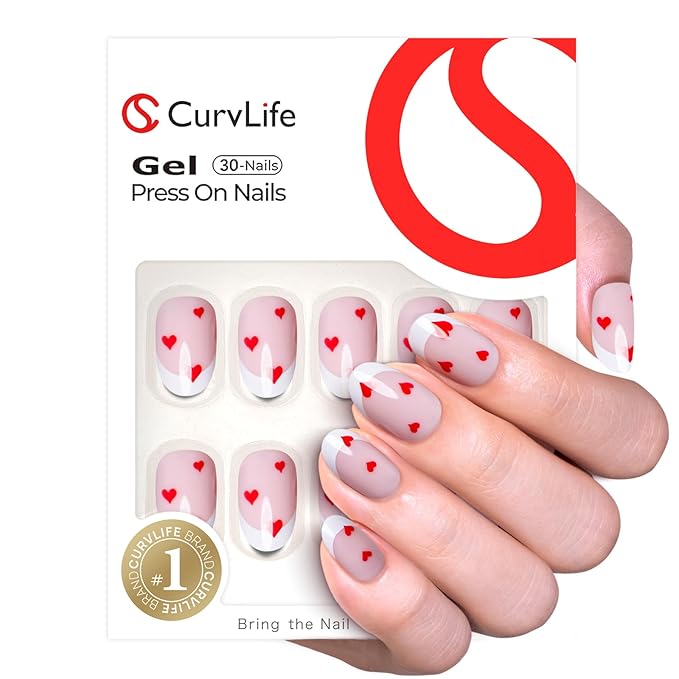 CurvLife Short Oval Press on Nails, Pink Heart French Tip Fake Nails, Reusable Soft Gel Glue-on Nails with Adhesive Tabs, Salon Quality for Women Girls