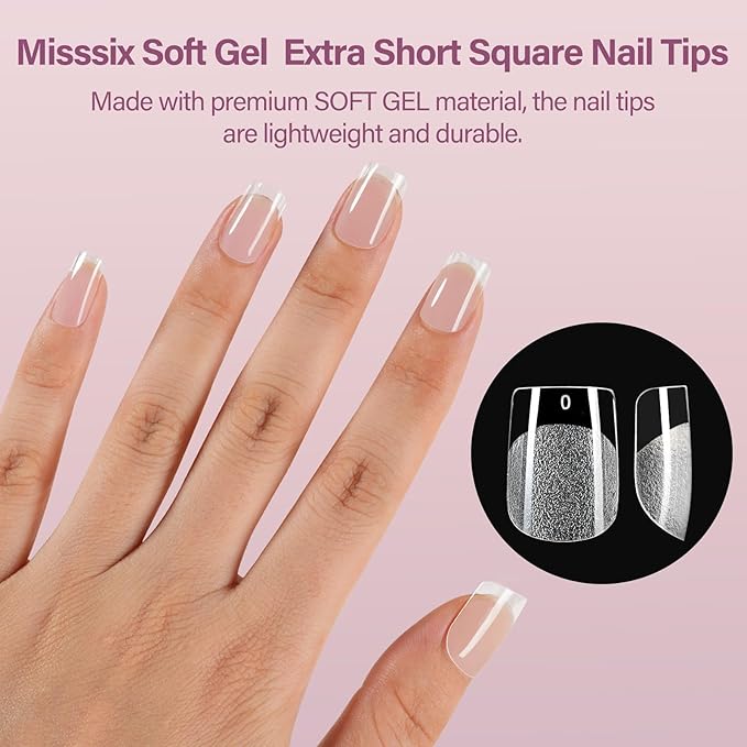 Misssix Extra Short Square Gel x Nail Tips Kit, 216Pcs Pre Etched Clear Fake Nails, Full Cover False Nail 9-in-1 Gel Glue and Portable Mini U V Nail Lamp for Women 12 Sizes