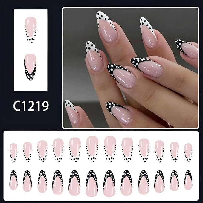 Polka Dot French Tip Press on Nails Medium Almond Fake Nails Nude Nails Press Ons Polka Dot False Nails Black White Glue on Nail Glossy Full Cover Stick on Nail for Women Decoration 24Pcs