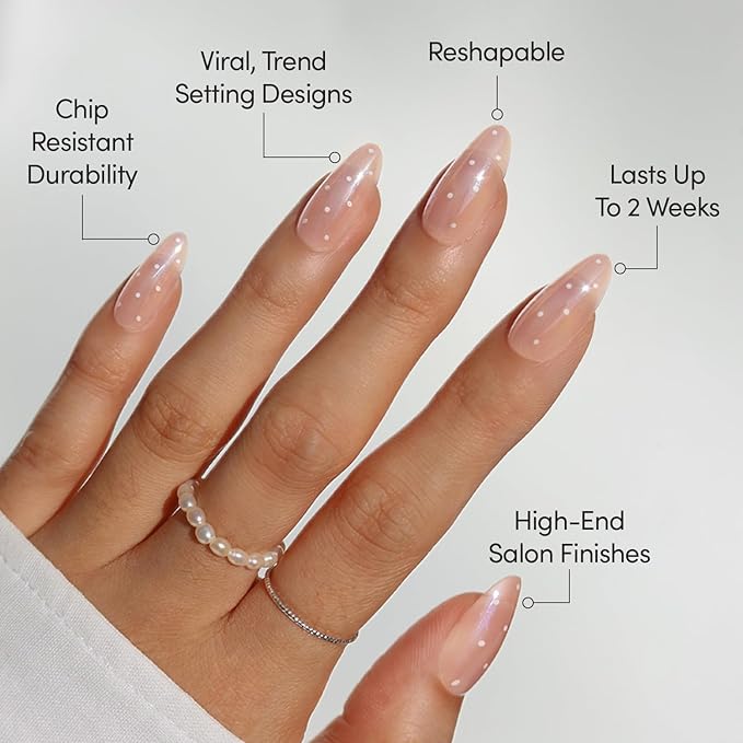 Glamnetic Press On Nails - Sugar Glazed | Medium Oval Fake Nails with a Sheer Nude Base, Mini White Polka Dots & Glazed Finish, Salon Quality Everyday Nails | 15 Sizes - 30 Nail Kit with Glue