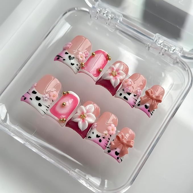 Luxury Press on Nails Short Duck Handmade 3D Unique Reusable ABS Material Fake Nails Pink French Tip False Nails with Designs Bow Flower Cow Print Glossy Glue on Nail Thick Acrylic Nail(S)