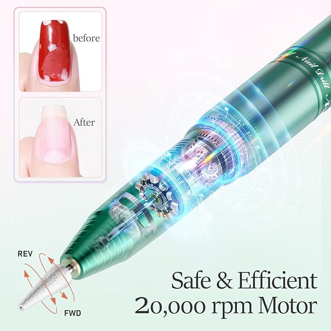 20000RPM Electric Nail Drill Rechargeable Compact Portable Efile Professional Manicure Cordless Pedicure Nail File Drill Kit for Acrylic Gel Nails and Home Salon Use