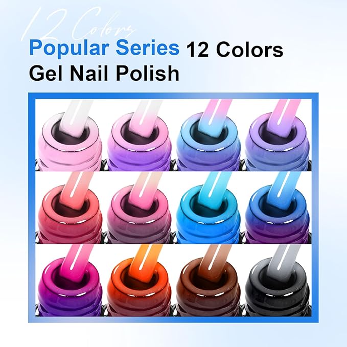 MEET ACROSS 12Pcs Color Changing Gel Nail Polish Set Nude Pink Sky Blue Brown Temperature Mood Changed Nail Polish Gel DIY Salon Gift for Women