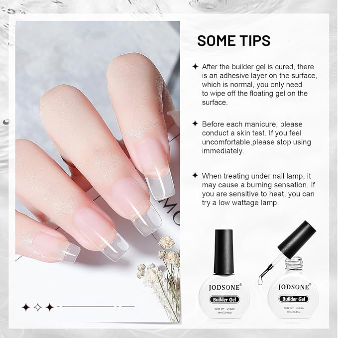 JODSONE 2Pcs 10ml Builder Gel for Nails, Clear Builder Gel for Nail Thickening Solution, Nail Extension, Apex Building,Long Lasting DIY Nail Art Gift for Women