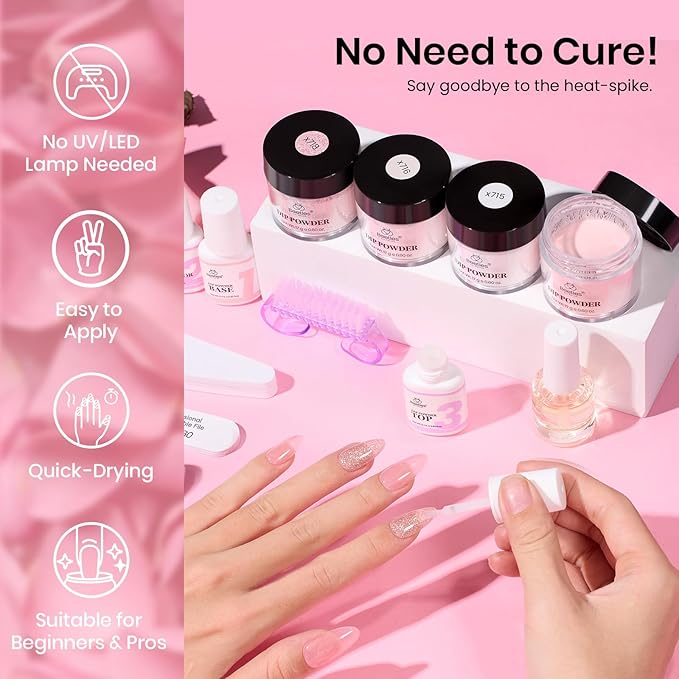 Beetles Dip Powder Nail Kit, All Season Nude White Pink Glitter 4 Colors Dipping Powder with with Base Top Coat Activator and Tools for French Nail Art, Easy DIY Home Manicure Salon Blush Champagne