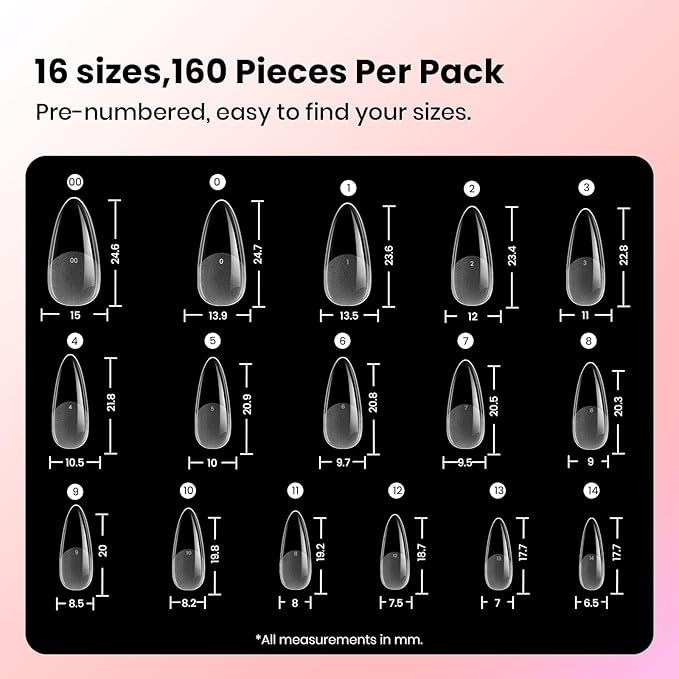 Beetles Gel Nail Tips Curve-EX - Almond Medium, 160pcs 16 Sizes, Etch-X Half Matte Full Cover Soft Acrylic False Press on Nail Tips Easy DIY Nail Extension Art Salon for Curved & Natural Nail Beds
