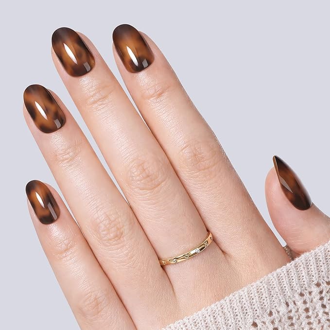 UNA GELLA 32Pcs Soft Gel Press on Nails - 16 Sizes Glossy Tortoise Shell Round Glue on Nails, Reusable Amber Pattern False Nails, Full Cover Acrylic Nail Kit for Women DIY Home Manicure