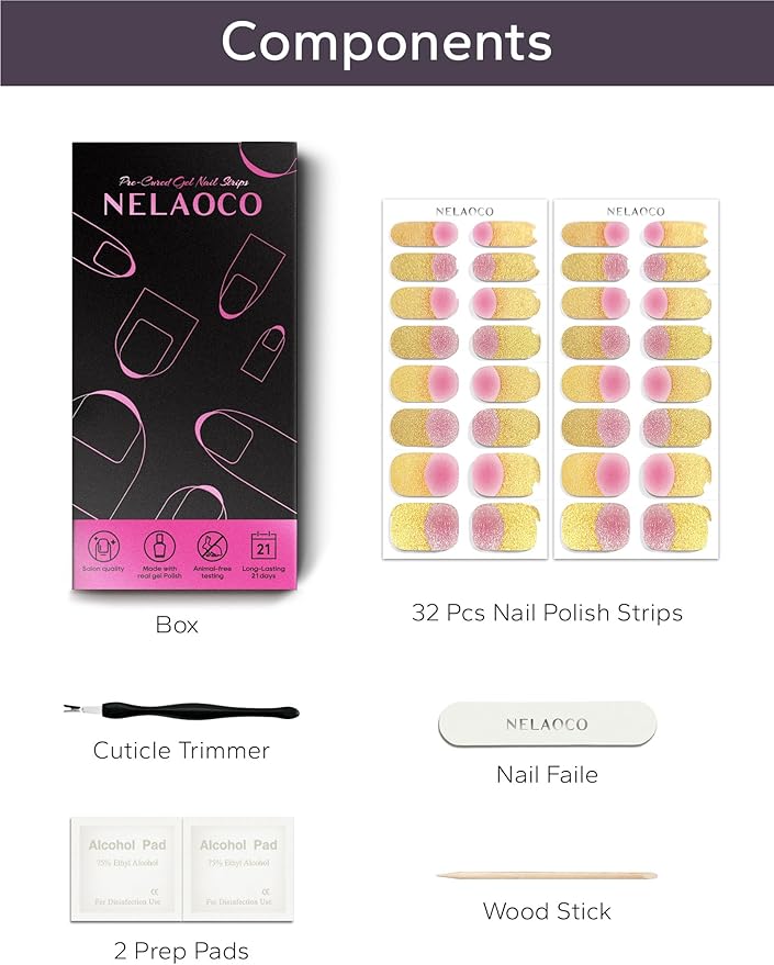 Nail Polish Strips – 32PCS UV Free Salon Quality Wraps, Long Lasting Gel Nail Stickers for Women (Golden Rose)