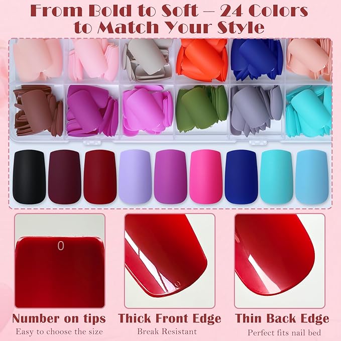AddFavor Press on Nails Medium Square Fake Nails, 576pcs 24 Colors Square Press on Nails Full Cover Acrylic Nail Press ons, Matte False Nail Tips for Women Glue on Nail