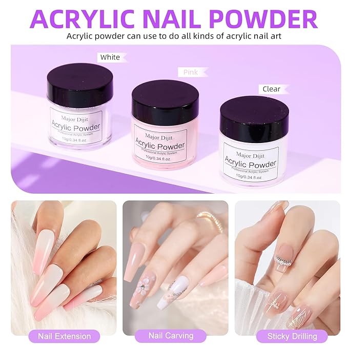 Major Dijit Acrylic Nail Kit with Drill Clear White Pink Acrylic Powder Acrylic Liquid Top Coat Base Coat Nail Primer Set for Beginners with Everything DIY Nail Art Tool Gift Home Salon