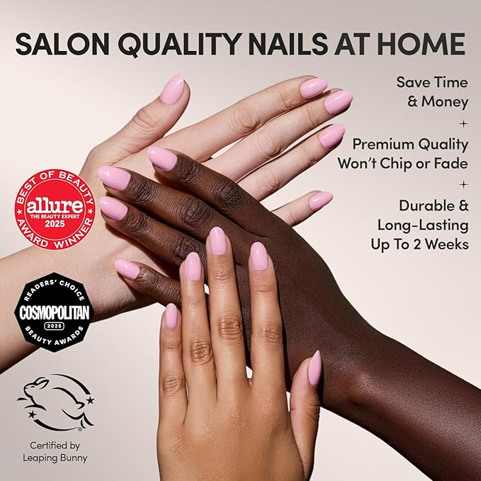 Glamnetic Press On Nails - Think Pink Fake Nails | Solid Opaque Light Pastel Pink Short Oval Nails, Salon Quality | 15 Sizes - 30 Nail Kit with Glue