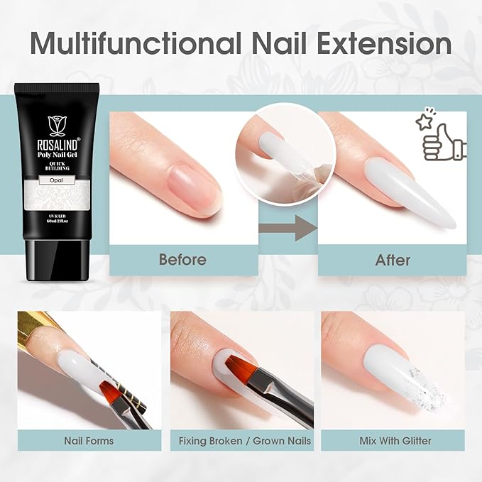 ROSALIND Opal White Poly Extension Gel, 2 oz White Poly Nail Gel for Nail Art Decoration, Nails Thickening Extension Easy to DIY Use at Home Need UV Lamp (Update Version)