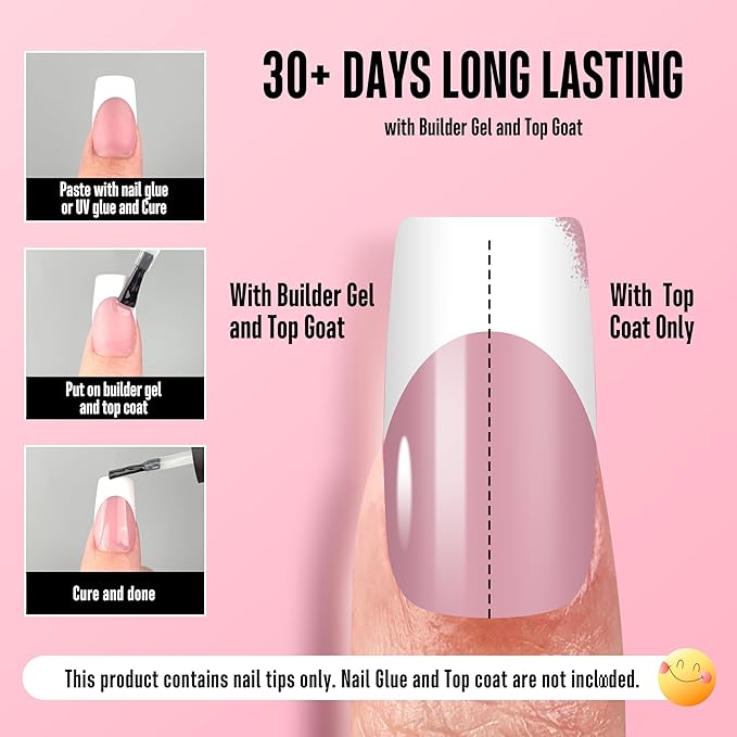 NOVO OVO White French Tip Medium Square Nail Tips Press on BERRY PINK, Extra Thick Soft Gel Fake Nail Acrylic Extension, Need Builder Gel Top Coat, No Glue Included, for Salon DIY 15 Sizes x 240 pcs