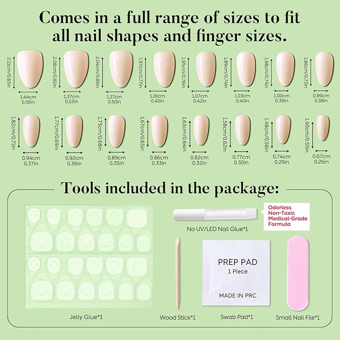 Luxbon Acrylic Short Almond Press On Nails with No-Cure Nail Glue and Tool Kit – Soft Gel Tips 25-30pcs Full Size Set, Reusable Fake Nails for Women, Stick On Nails, White Aurora